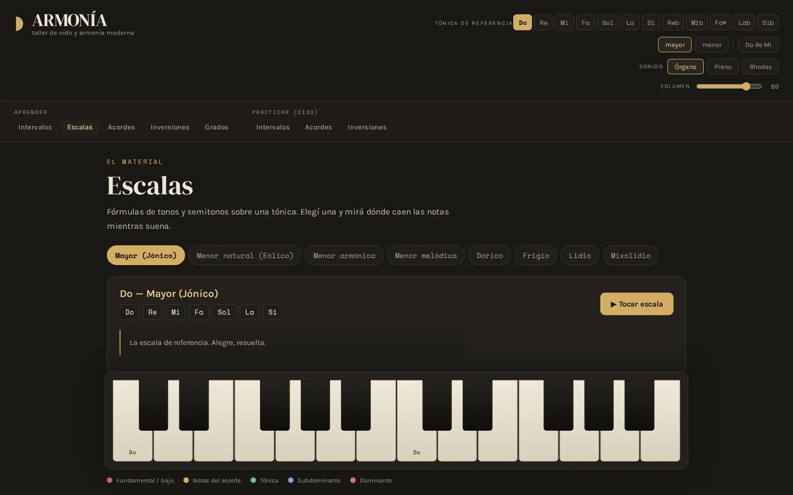 Armonía: escala de Do mayor con sus notas y teclado