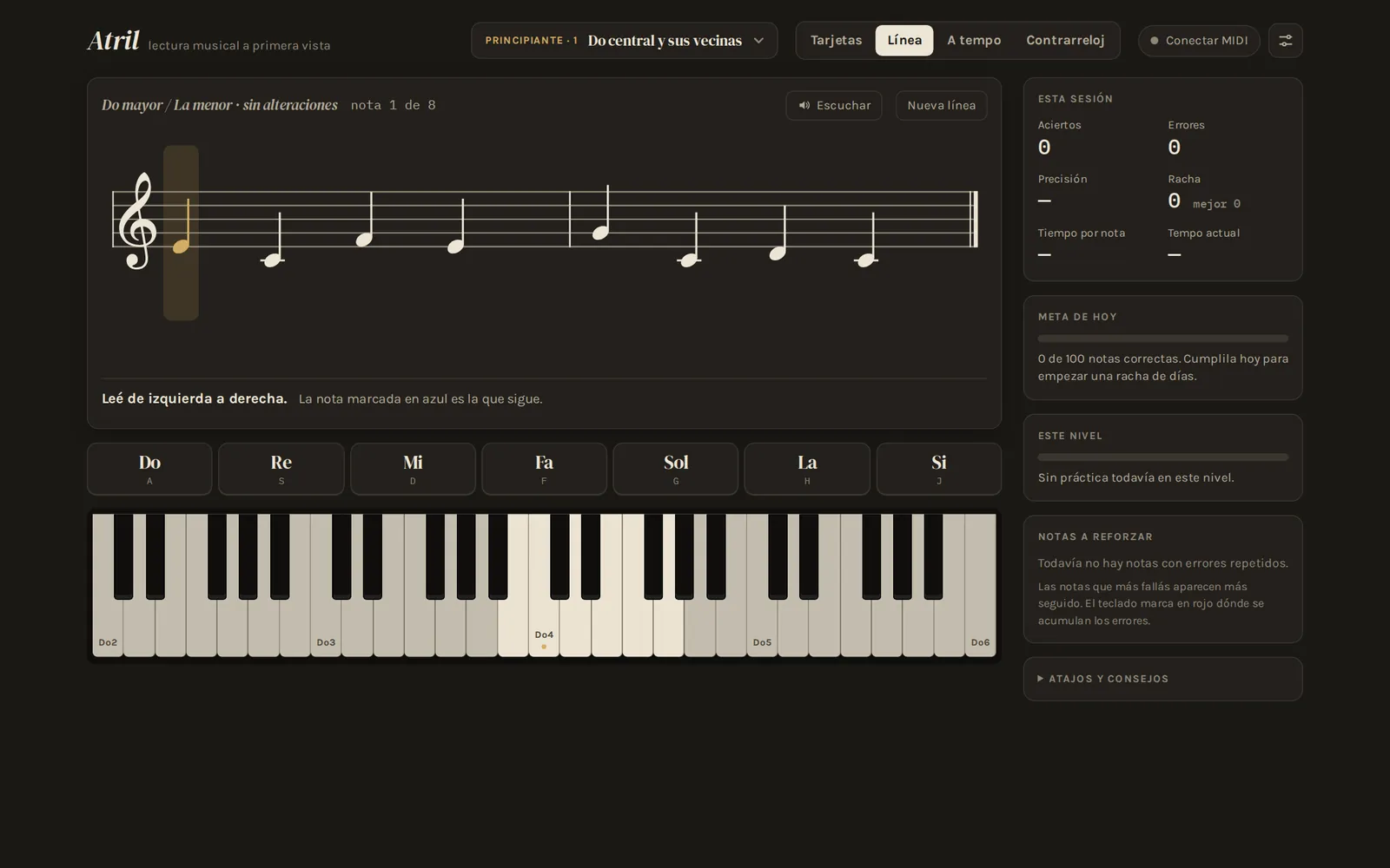 Atril: pentagrama en clave de sol, botones Do a Si y teclado de piano