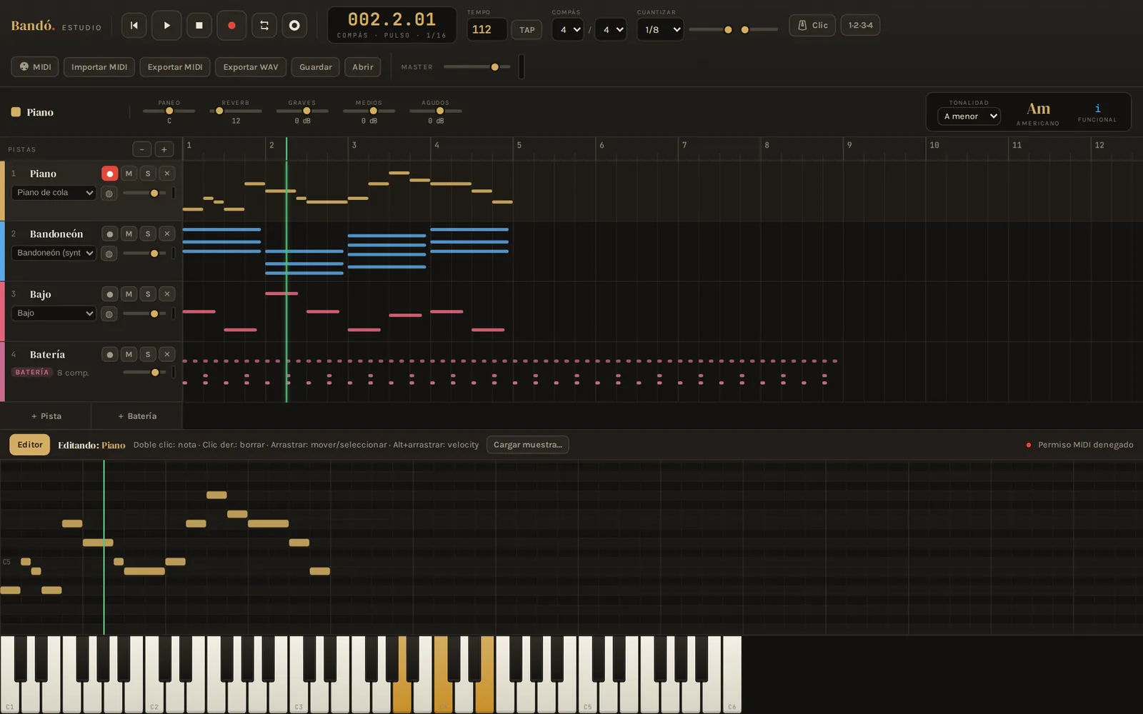 Bandó: cuatro pistas con piano, bandoneón, bajo y batería, editor de notas y lector de acordes