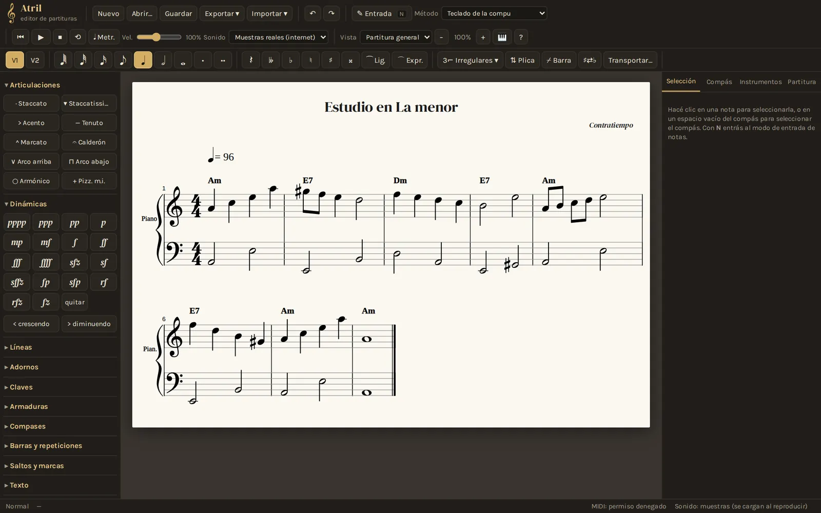 El editor de partituras con un estudio para piano en La menor y cifrado americano